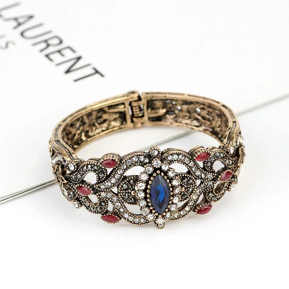 Vintage Turkish Gray Crystal Cuff Bracelet  Antique Gold Ethnic