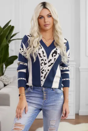 Women's Fashion Blue Animal Print Accent V Neck Sweater