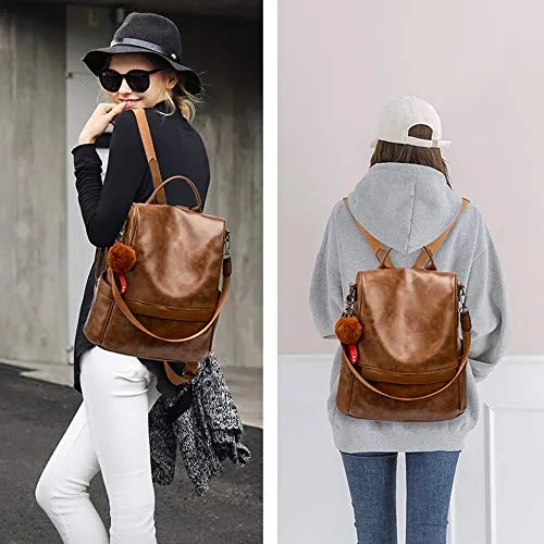 Women's Tan Backpack PU Leather Anti-theft Casual Shoulder Bag